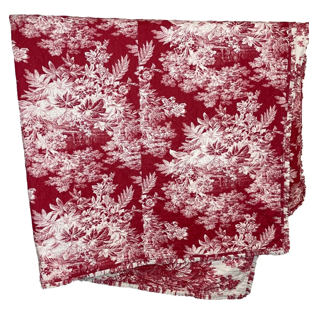 Vtg Pottery Barn Sorrel Red Cotton Quilt Toile Floral Queen 100